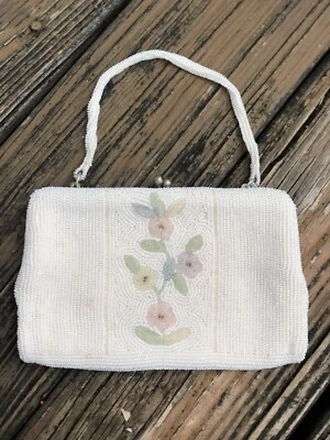 Bolso sin asas Delill crema marfil rosa floral con cuentas bolso de noche de colección años 50 60 Japón Foto 1 de 4