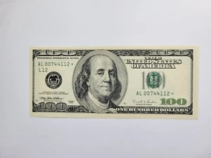 1996 $100 One Hundred Dollar Bill, Rare Error Star Note, Serial # AL00744112* - Picture 1 of 2