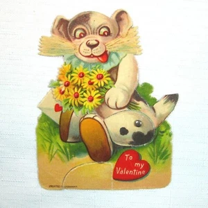 Vintage Valentine Card Mechanical Puppy Dog w/ Flowers Stand Up Germany 1920-30s - Picture 1 of 12