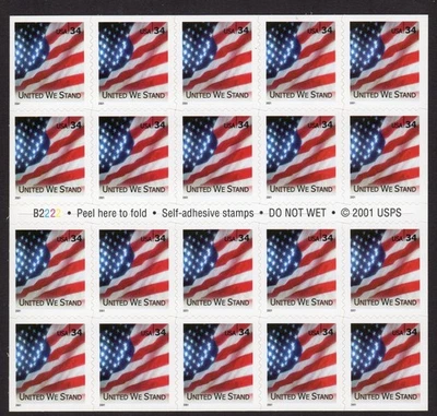 Scott #3549a United We Stand Flag Booklet of 20 Stamps - MNH P#B2222 - Image 1 of 2