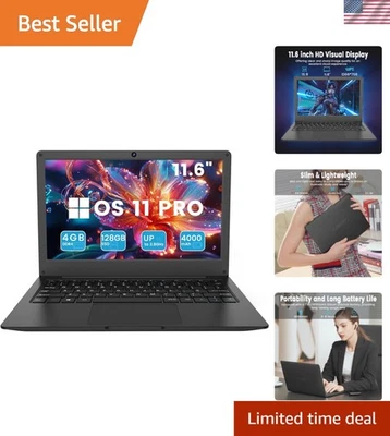 11.6 英寸轻便学生笔记本电脑 - 4 GB RAM、128 GB 固态硬盘、Windows 11 专业版 - 黑色 — 第 1/4 张图片