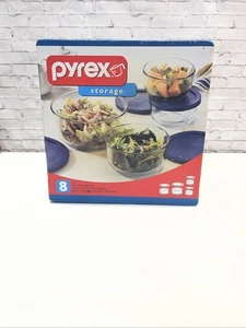 Vintage 2003 Pyrex Aufbewahrungsset - 8 Stück - klar mit blauen Deckeln - #1056078 - Neu im Karton - Bild 1 von 5