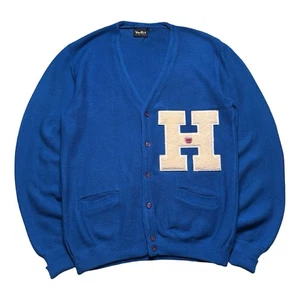 Vintage 60s Van Cort Wool Knit Varsity Cardigan Blue Red Harvard Houston L - Picture 1 of 6