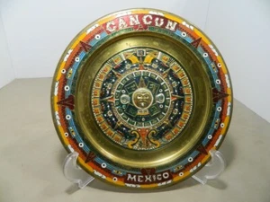 Vintage Messing bemalt aztekisch Maya Kalander hängende Wandplatte 11 Zoll mit Aufhänger - Bild 1 von 6