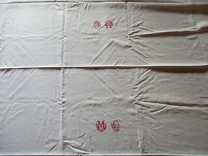 Nappe N°307 en fil de lin liteaux 2 monogrammes MC rouge 170 x 318 cm  grande - Photo 1/12