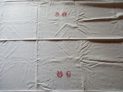 Nappe N°307 en fil de lin liteaux 2 monogrammes MC rouge 170 x 318 cm  grande - Photo 1/4