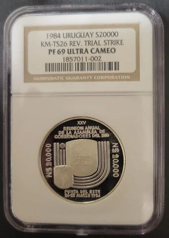 RARE **TRIAL STRIKE** 1984 Uruguay Silver 20,000 Pesos KM-TS26 REVERSE NGC PF69 Cover