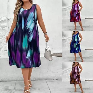 Women Printed Maxi Long Dress Summer Ladies Beach Holiday Sleeveless Sundress - Picture 1 of 21