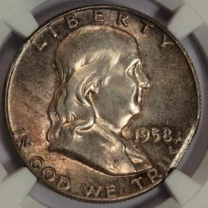 1958 NGC MS64 FBL Straight Clip Franklin Silver Dollar Mint Error Beautiful Coin - Picture 1 of 4