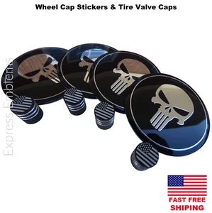 4x Punisher Wheel Cap Hub Sticker Decal 2.20" & 4x US Flag Tire Valve Stem Caps - Picture 1 of 6