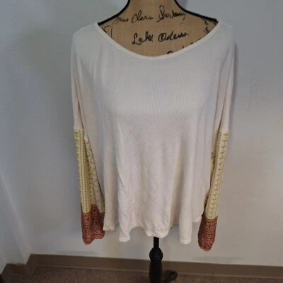 Camisa jeans tribal tamanho 3X boho malha waffle estampada manga declaração ferrugem creme - Imagem 1 de 4