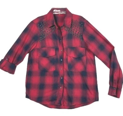 Zara Shirt Top Sz S Shadow Plaid Red Blk Snap Front Western Punk Goth Studded - Image 1 of 4