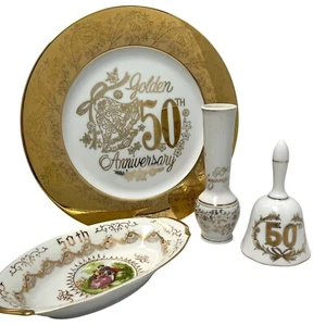 Vintage 50th Anniversary Norcrest China Bell Vase Chatillon Plate Japan Dish Lot - Picture 1 of 14