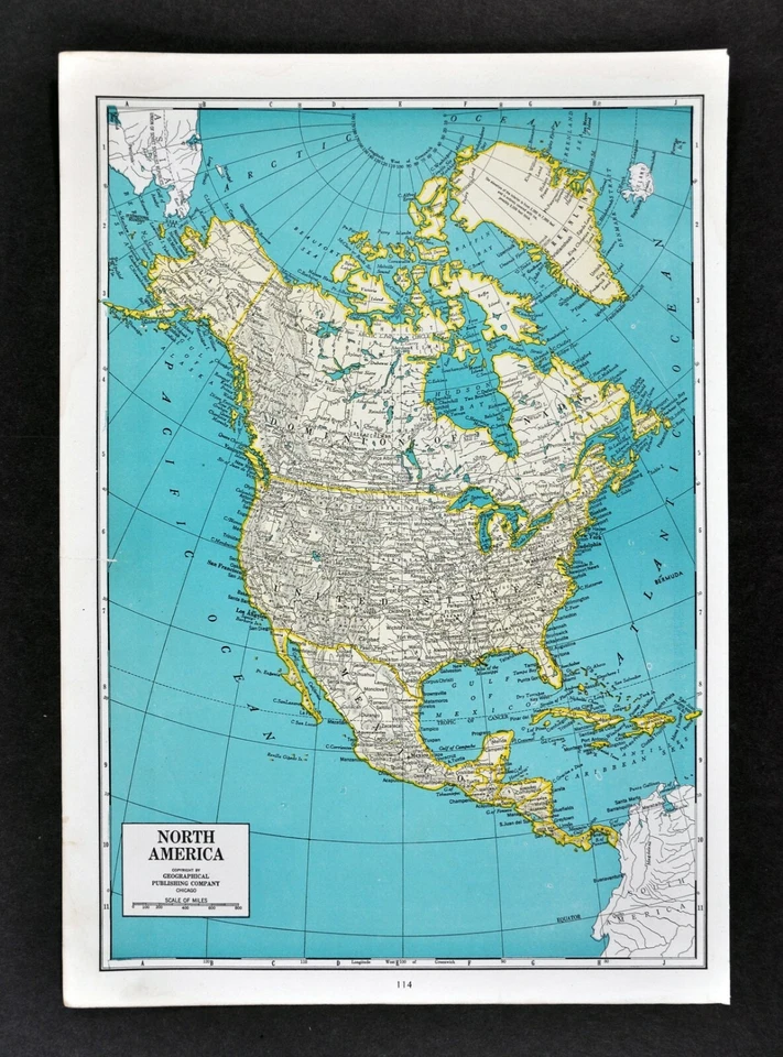 1944 Географическая карта Северная Америка США Канада Мексика Аляска Арктика  - Изображение 1 из 1