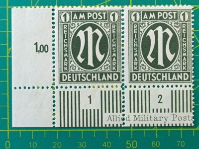 Germany Occupation Stamp 1946,A.M.G. issue,Sc OS1,1m dk ol green Pair,RARE,MNH - Image 1 of 4