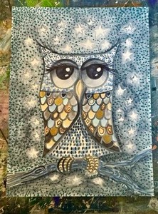 Starry Night Owl modern folk outsider original painting art watercolor - Picture 1 of 1