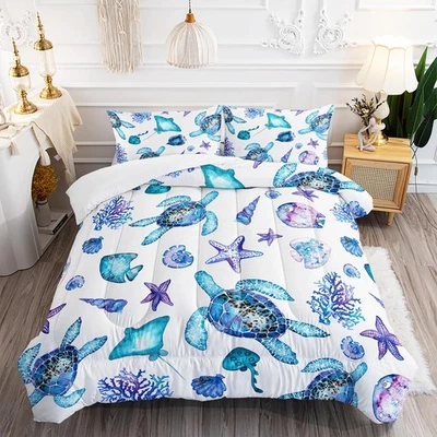 Juego de 3 piezas de edredón de tortugas marinas azules con caparazón de estrella de mar coral doble... Foto 1 de 4