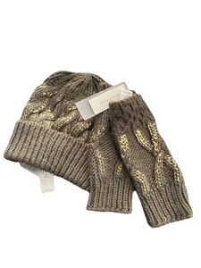 Anthropologie Bettina Zopfmuster Beanie fingerlose Handschuhe Fäustlinge grün gold neu mit Etikett - Bild 1 von 7