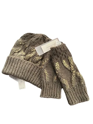 Anthropologie Bettina Gorro Tejido con Cable Guantes Sin Dedos Mitones Verde Dorado Nuevo con Etiquetas Foto 1 de 4