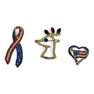 USA Flag Brooch Pin Patriotic Ribbon Heart Rhinestone Christmas Reindeer Lot x3 - Picture 1 of 4