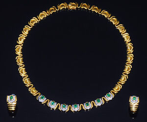 European Greece 750 18K Solid Gold Natural Emerald Diamond Necklace Earrings Set