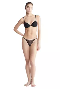 NEW Calvin Klein Thong Panty CK Womens BLACK Sheer Lace String QD3994 001 SMALL - Picture 1 of 3
