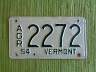 1954 Vermont AGR License Plate 54 VT AG Tag Agricultural 2272