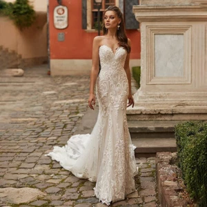 Sexy Mermaid Wedding Dresses Strapless Sleeveless Lace Appliques Bridal Gowns - Picture 1 of 9
