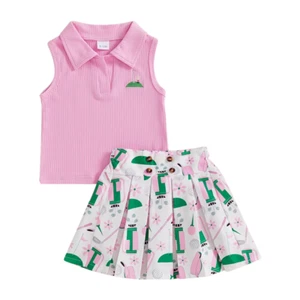Kids Girl Outfit Lapel Sleeveless Tank Tops and Golf Print Pleated A-Line Skirt - Picture 1 of 27