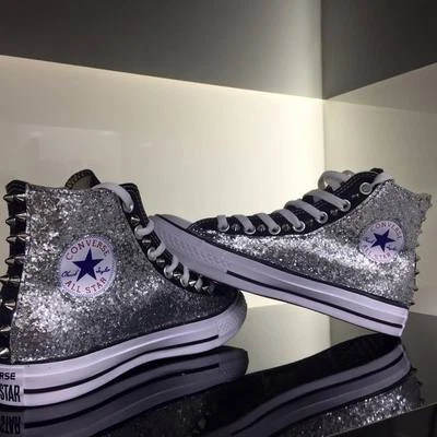 Converse all Star Nere personalizzate con tessuto Glitter argento Clean borchie - Immagine 1 di 4
