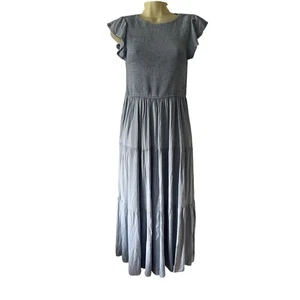 Zesica Cap Ruffled Sleeve Blue Smocked Bodice Tiered Midi Dress Size Small - Picture 1 of 12