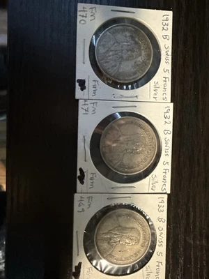 1932 1933 Switzerland 5 Francs Lot of 3 B Mint Silver Coins Helvetia - Image 1 of 2