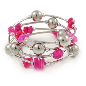 Deep Pink Shell Nugget, Mirrored Ball Bead Multistrand Flex Bracelet - Medium - Picture 1 of 4