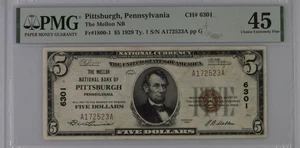 1929 $5 The Mellon National Bank Of PITTSBURG, PA PMG 45 - Picture 1 of 2