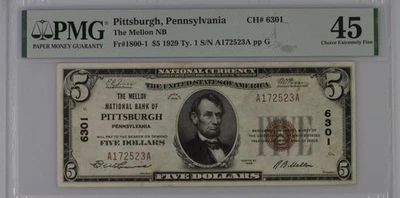 1929 $5 The Mellon National Bank Of PITTSBURG, PA PMG 45 - Image 1 of 2
