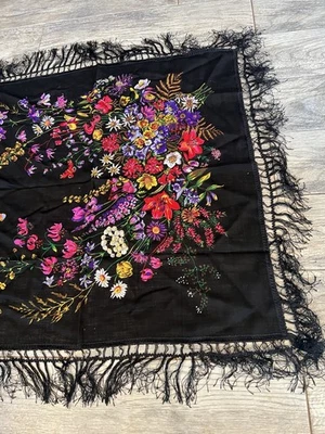 Bufanda vintage de CACHEMIRA 100 % lana pura estampada a mano flecos CON flecos de viscosa Foto 1 de 4