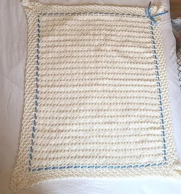 Handmade Crochet Cream Baby Blanket 36x42  Lace-look Edge w Ribbon Cottagecore - Image 1 of 4