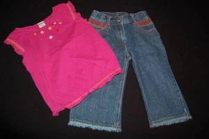 GYMBOREE Fiesta Del Sol Pink Top Shirt Denim Blue Jean Fray Capris 7 Spring Fall - Picture 1 of 6