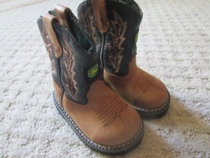 John Deere Infant Baby Hard Soles Pull On Cowboys Boots Sz 4M JD1190 Tan/ Black - Picture 1 of 4