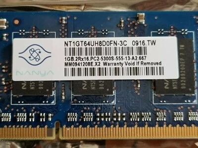1GB Nanya PC2-5300 DDR2 Sodimm Memory NT1GT64UH8D0FN-3C - Image 1 of 3