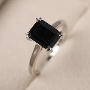 Black spinel statement ring, emerald cut black stone, silver minimalist Ring - Picture 1 of 3
