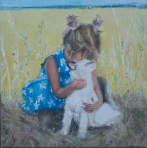 oil painting original on canvas: little girl holding white cat in flower meadow. - Picture 1 of 19