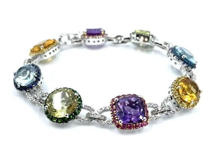 Diamond & Multi Gemstone Bracelet in 14k White Gold Fabulous Design - Picture 1 of 17