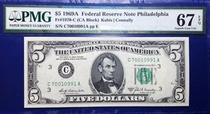 1969A $5 Federal Reserve Note Fr-1970-C Philadelphia PMG67 Superb Gem EPQ - Picture 1 of 2
