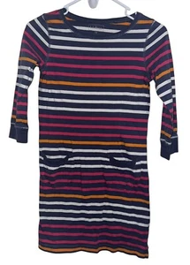 L.L. Bean Girls Long Sleeve Casual Dress Sz 12 Blue Multicolor Stripe Pockets - Picture 1 of 7