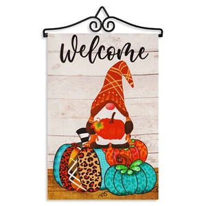 Hanger 14IN &Garden Flag Welcome Gnome Sitting on Patterned Pumpkins DS Blockout - Picture 1 of 9