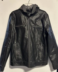 Black Rivet Black Moto Jacket Removable Zip Out Knit Hooded Bib Mens Medium - Picture 1 of 12