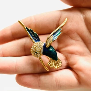 Roman Green Hummingbird Brooch, Goldtone Enamel And Glass Stone Pin, Signed - Picture 1 of 2
