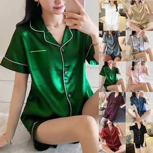Womens Satin Silk Pyjamas Nightwear PJs Set Shirt Tops Shorts Nighty Loungewear - Picture 1 of 25