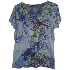APT. 9 Colorful Blue Green Butterfly Floral Print Blouse Top Shirt Size Large L - Picture 1 of 12